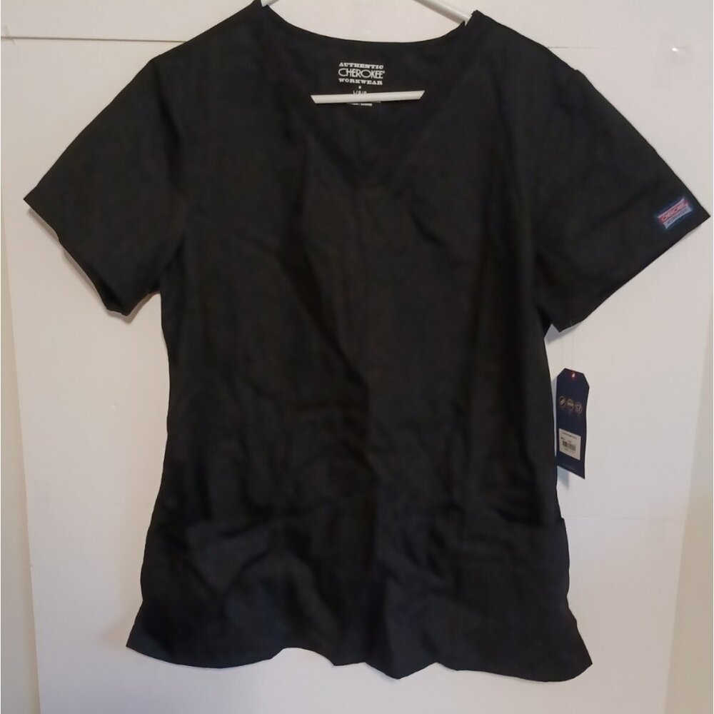 Cherokee NEW With Tags Scrub Top Womens L Black Rib Knit Panels Pockets WW645 - Picture 1 of 7